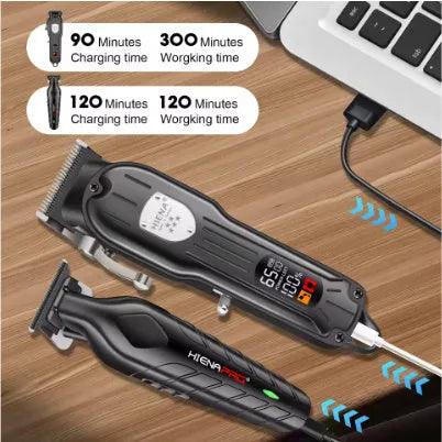 Black professional USB hair clippers with LED display and adjustable length settings.