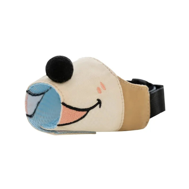 Canvas dog muzzle mouth cover anti-bite product in Ollie Brown Bear colour showing size options for dogs 3kg to 50kg