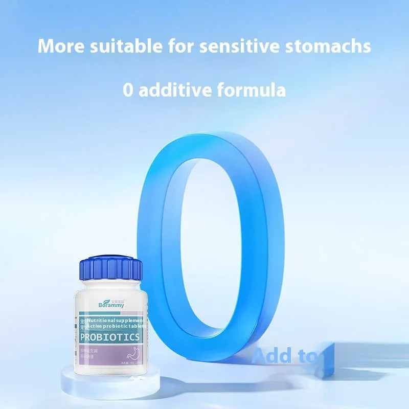 Bottle of pet probiotic tablets labelled 180 count for dog and cat digestive health