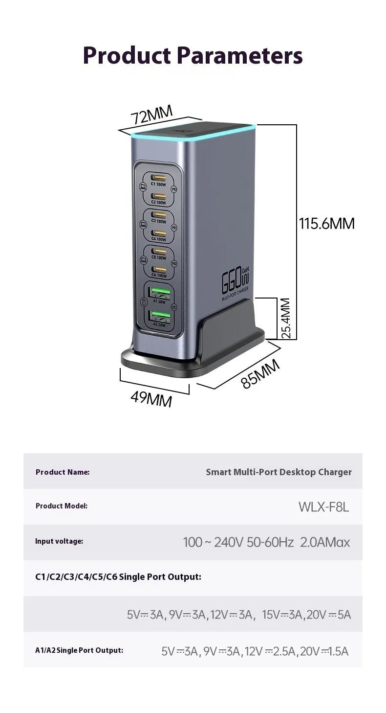 660W gallium nitride multi-port desktop fast charger with Type-C interface