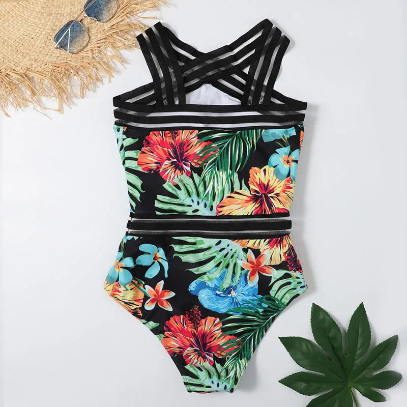 One-piece printed bikini swimsuit in black flower colour with polyester fabric and built-in chest pads