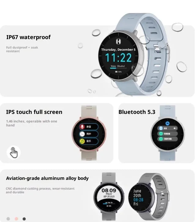 Gray MP3 player watch with 1.4-inch TFT screen, Bluetooth, loud speaker, and alarm clock on a wrist