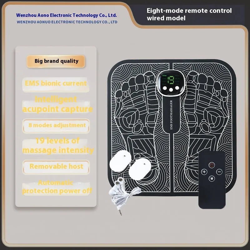Blue rechargeable foot massager mat with remote control on a wooden floor.
