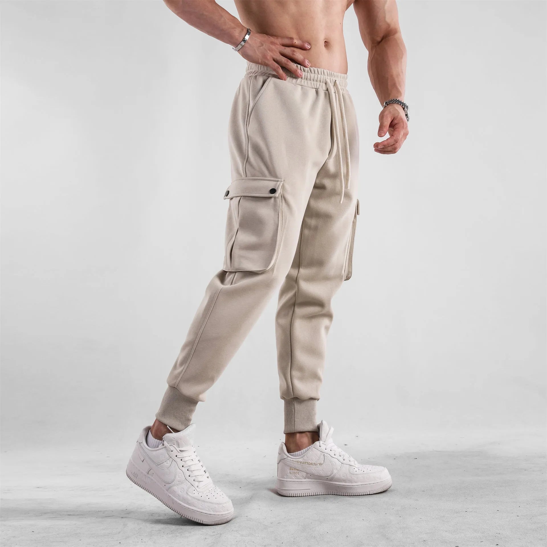 Men's loose fit cotton ankle-tied sports trousers with multiple pockets in six colour options