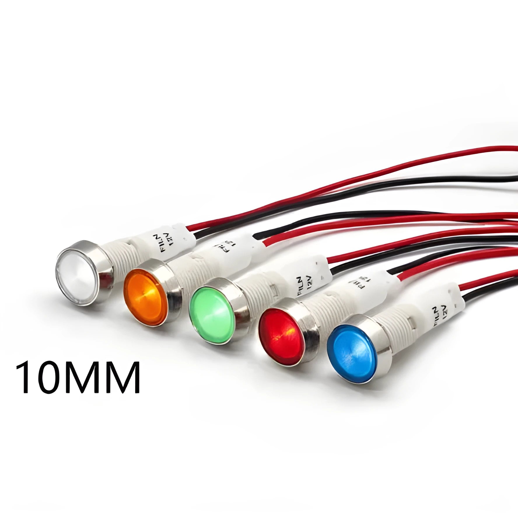 10mm plastic indicator light with wire, flat metal base, in white, yellow, red, green, and blue colour options.