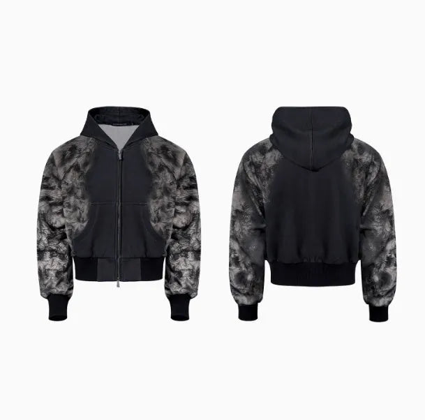 Loose fit printed men's streetwear set with hoodie and seven inch pants in polyester fabric