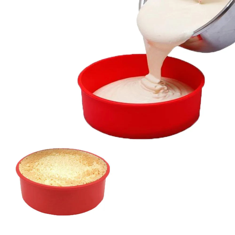 Red round silicone cake mold in 4 6 and 8 inch sizes for flexible non-stick baking