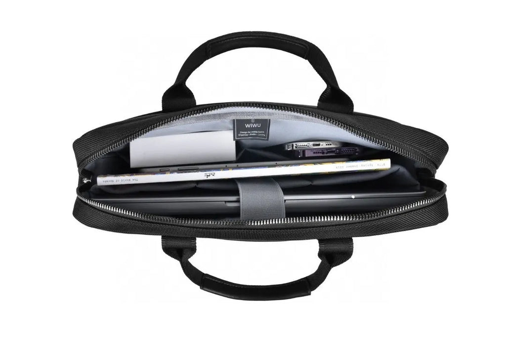 Black Oxford cloth laptop backpack with multiple pockets and a lock, shown in 14-inch and 15.6-inch sizes.