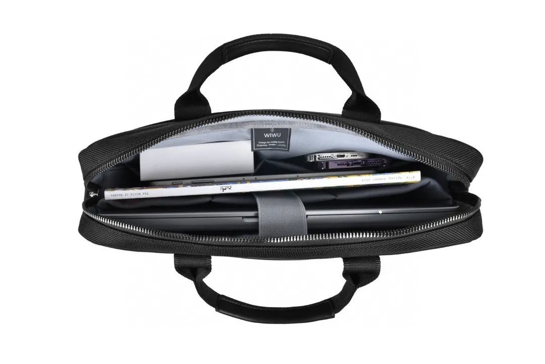 Black Oxford cloth laptop backpack with multiple pockets and a lock, shown in 14-inch and 15.6-inch sizes.