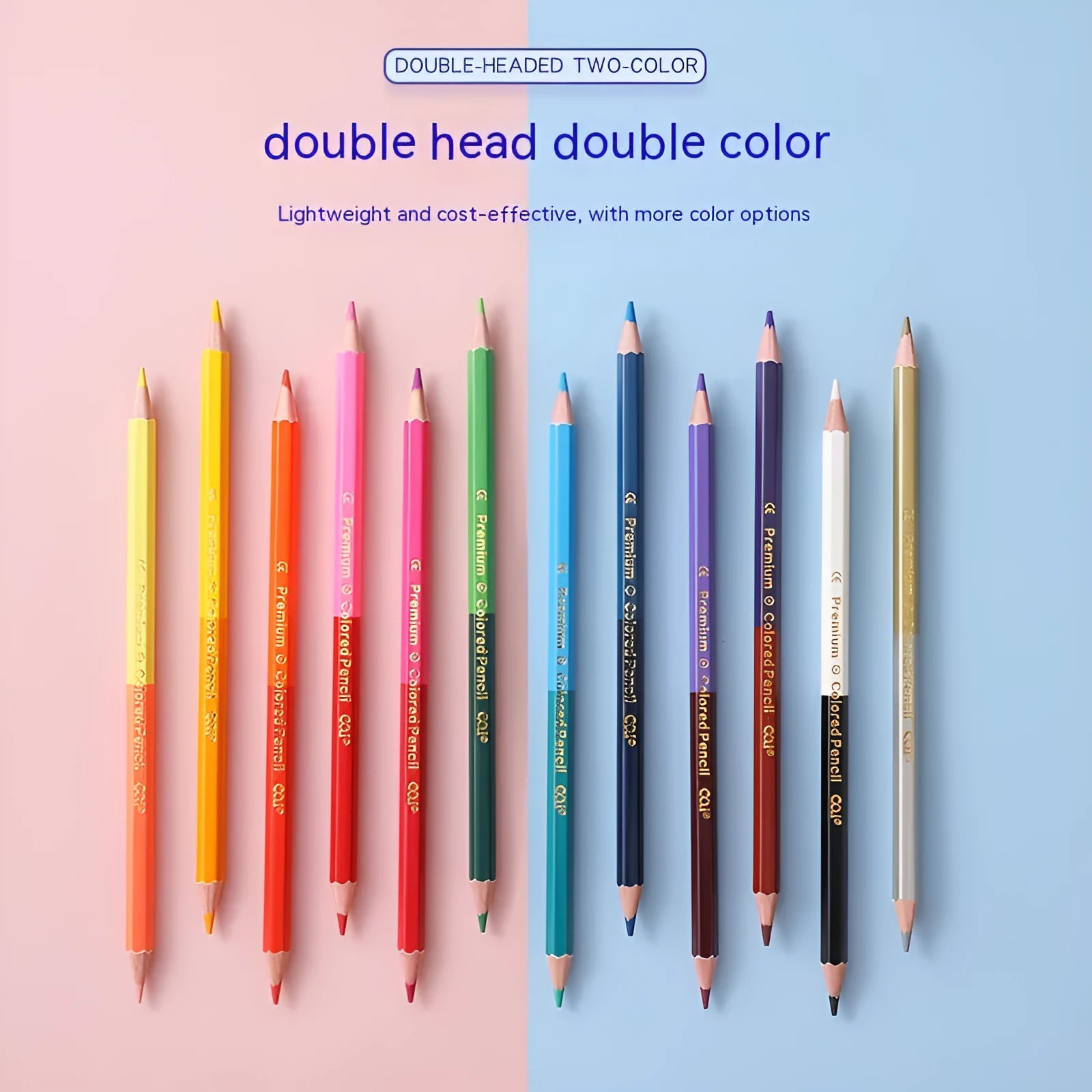Set of wooden double-head colour pencils showing both pencil tip and brush-style colour lead tip.