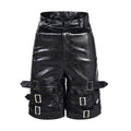 Men's black PU leather casual shorts with a distinctive ring design on the leg, shown in a cropped fit.