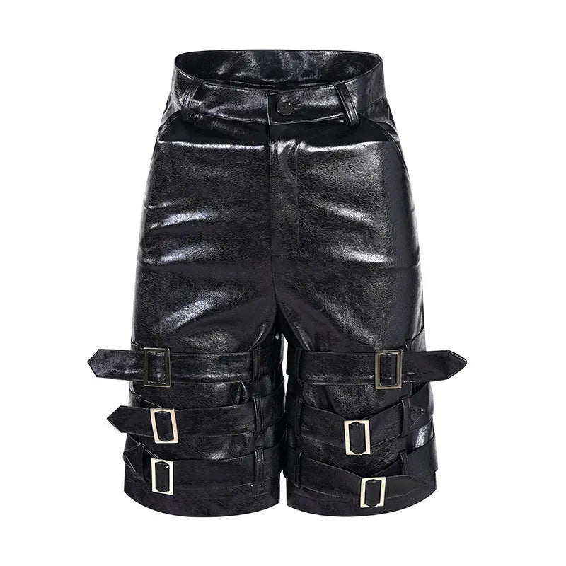 Men's black PU leather casual shorts with a distinctive ring design on the leg, shown in a cropped fit.