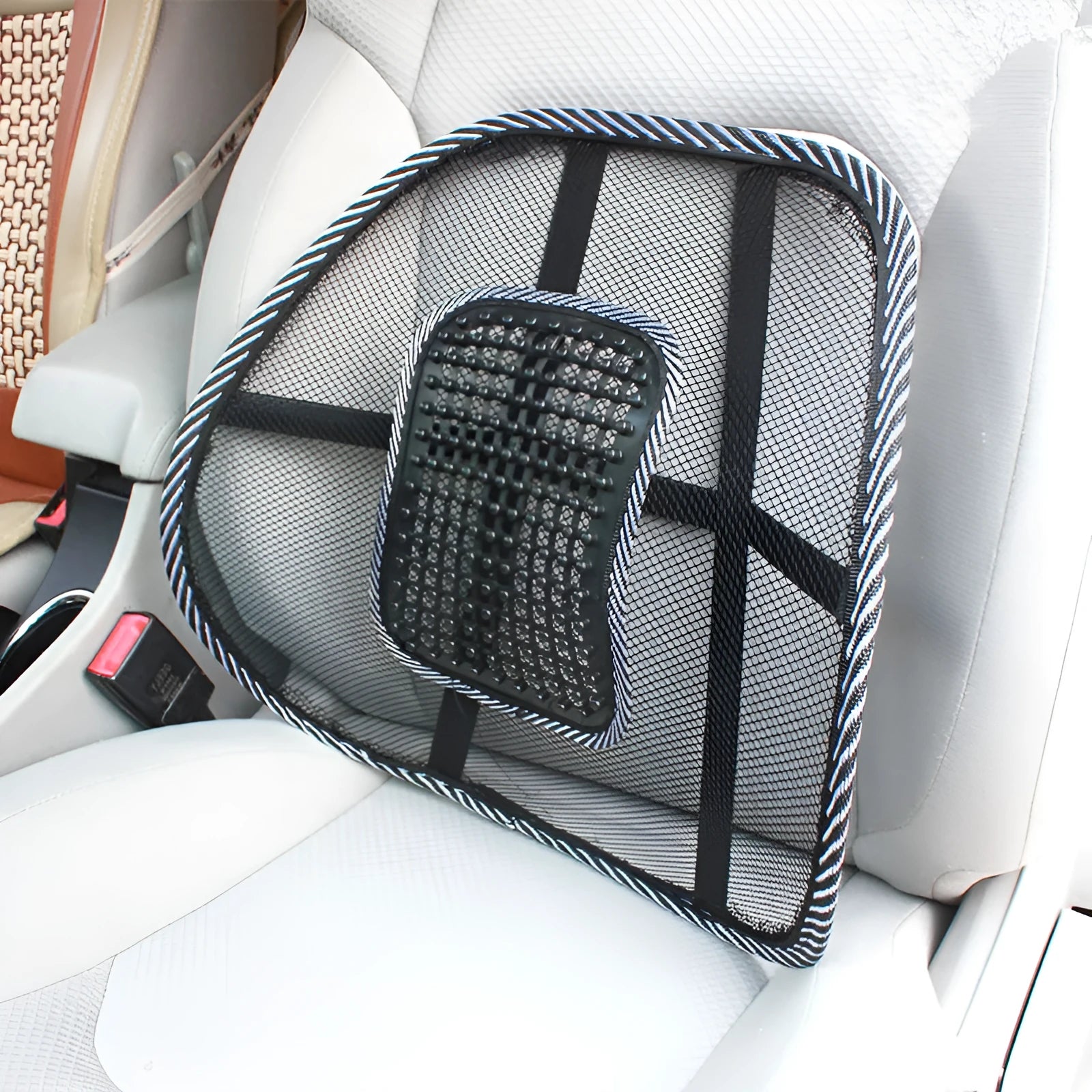 Black car lumbar support pillow with steel wire frame showing leather nail summer pattern