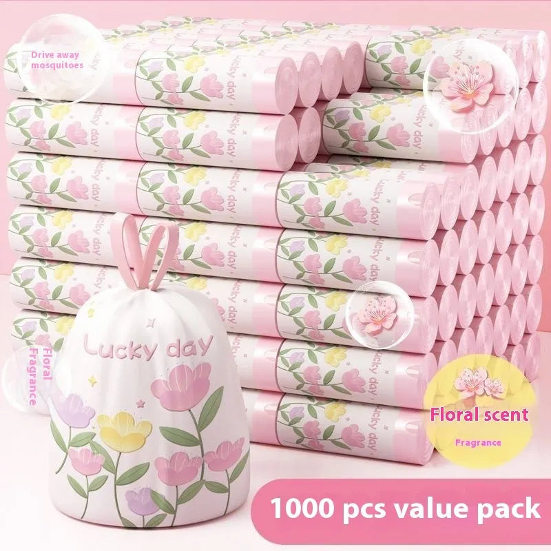 Pink drawstring garbage bags with degradable PE material and argy wormwood mosquito repellent properties