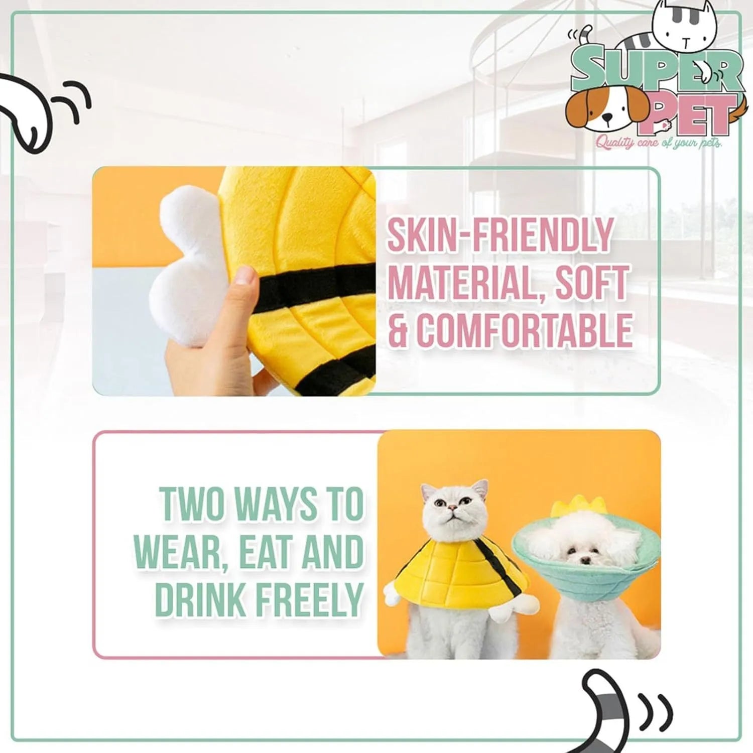 Soft bee design cat cone collar with velcro closure in adjustable sizes