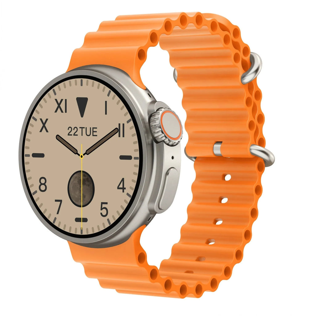 K9 Smart Watch in black on wrist, showing round screen with fitness stats