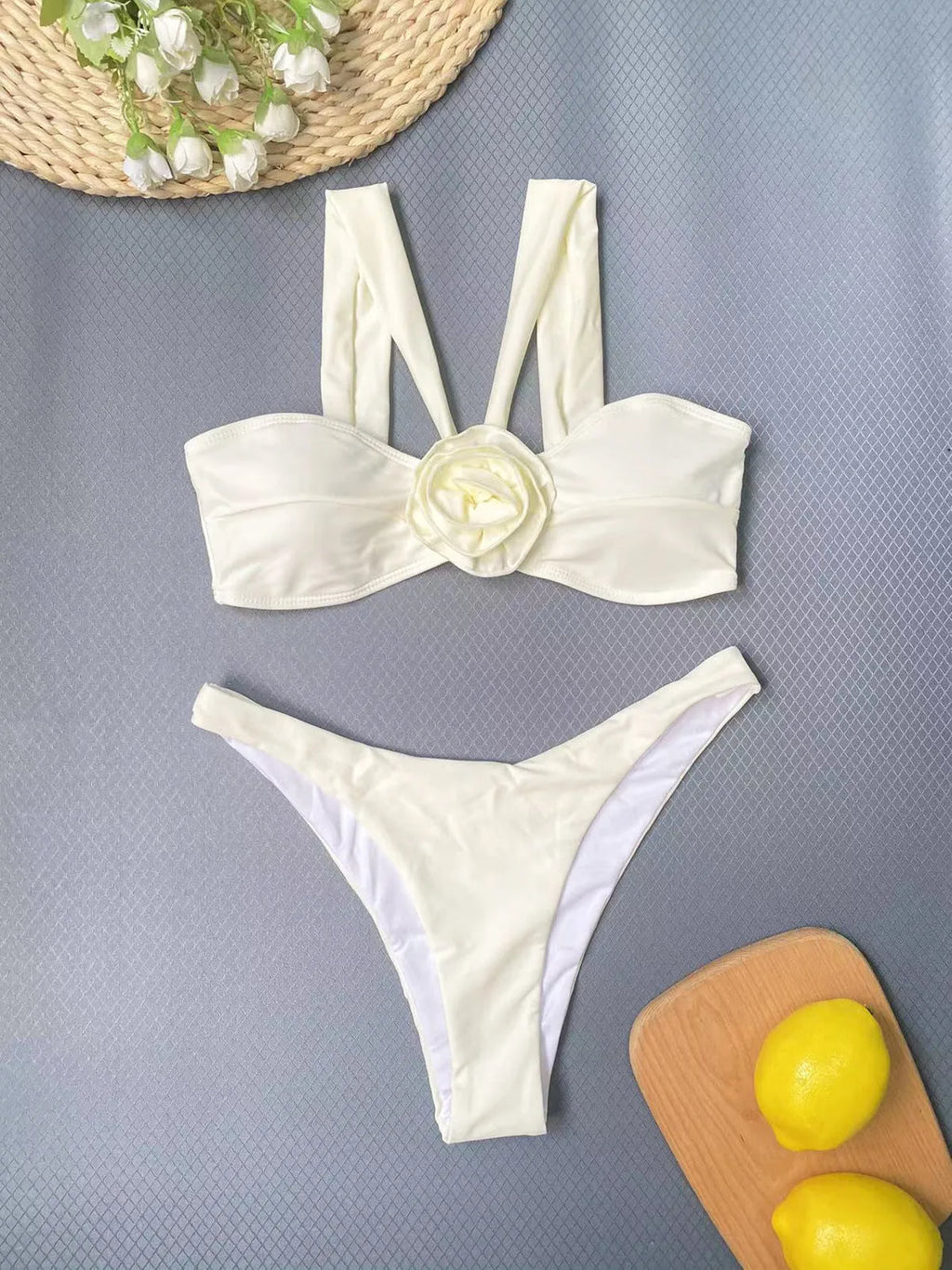 Women's three-piece 3D flower swimsuit in beige with high elasticity nylon, solid colour, sleeveless top and brief bottom