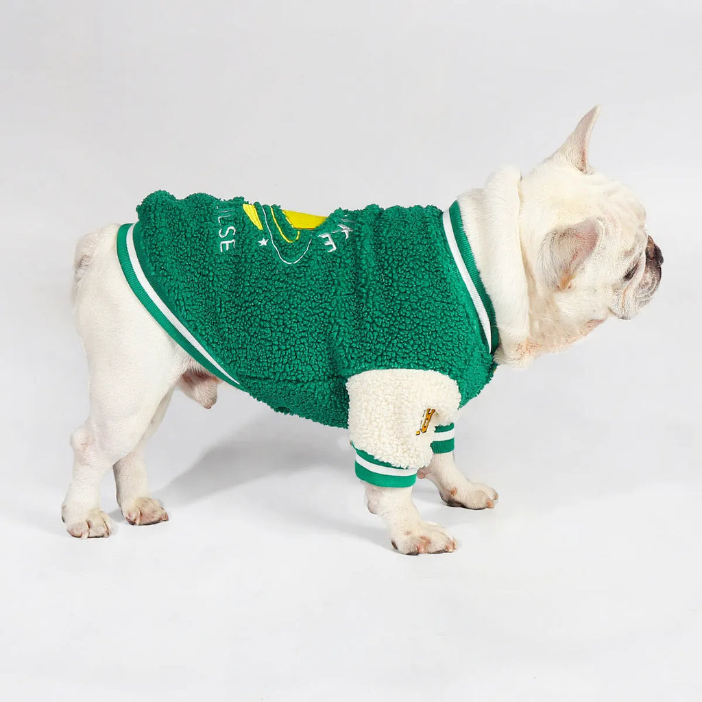 Green fleece-lined dog winter jacket shown in sizes L, XL, XXL, 3XL, and 4XL