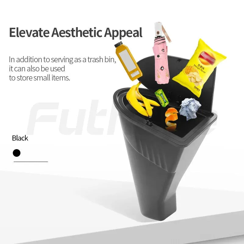 Black ABS plastic car door storage bin and trash can designed for Tesla Model Y front seats.