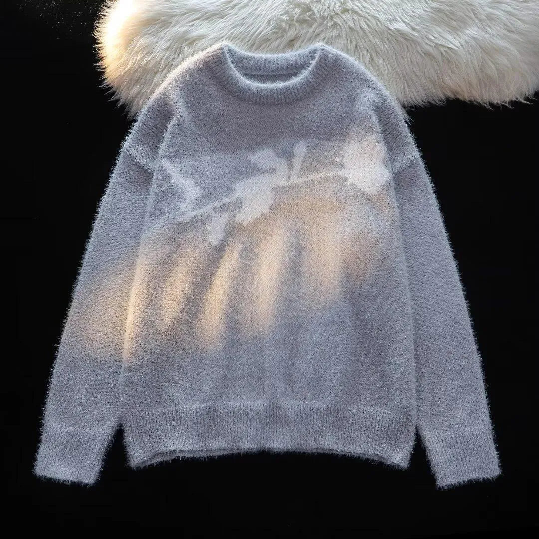 American dark rose flocking horse sweater for men, cotton blend pullover, black colour, front view