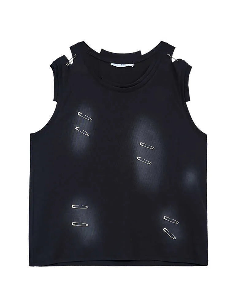 Men's black and white ripped vest with irregular cut sleeveless t-shirt round neck