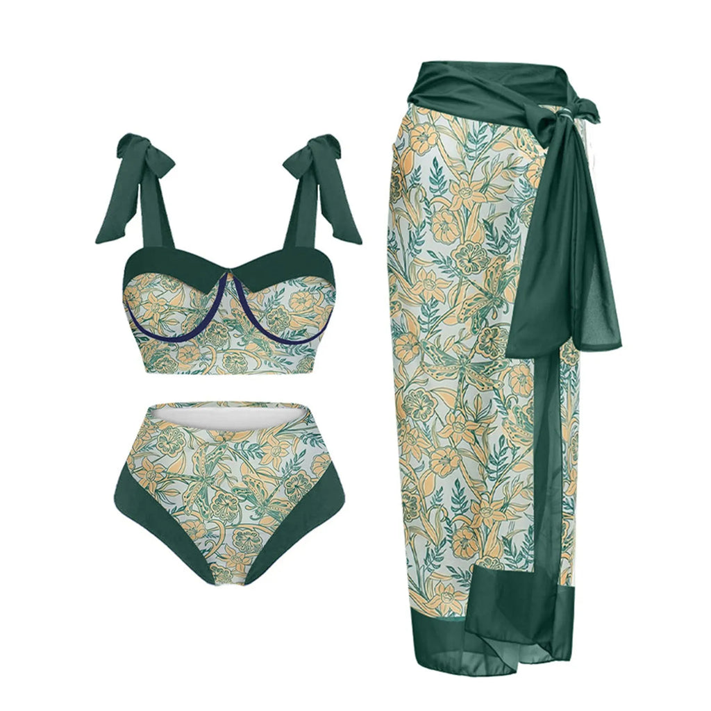Women's three-piece swimsuit set with printing pattern showing skirt, bra and panties components