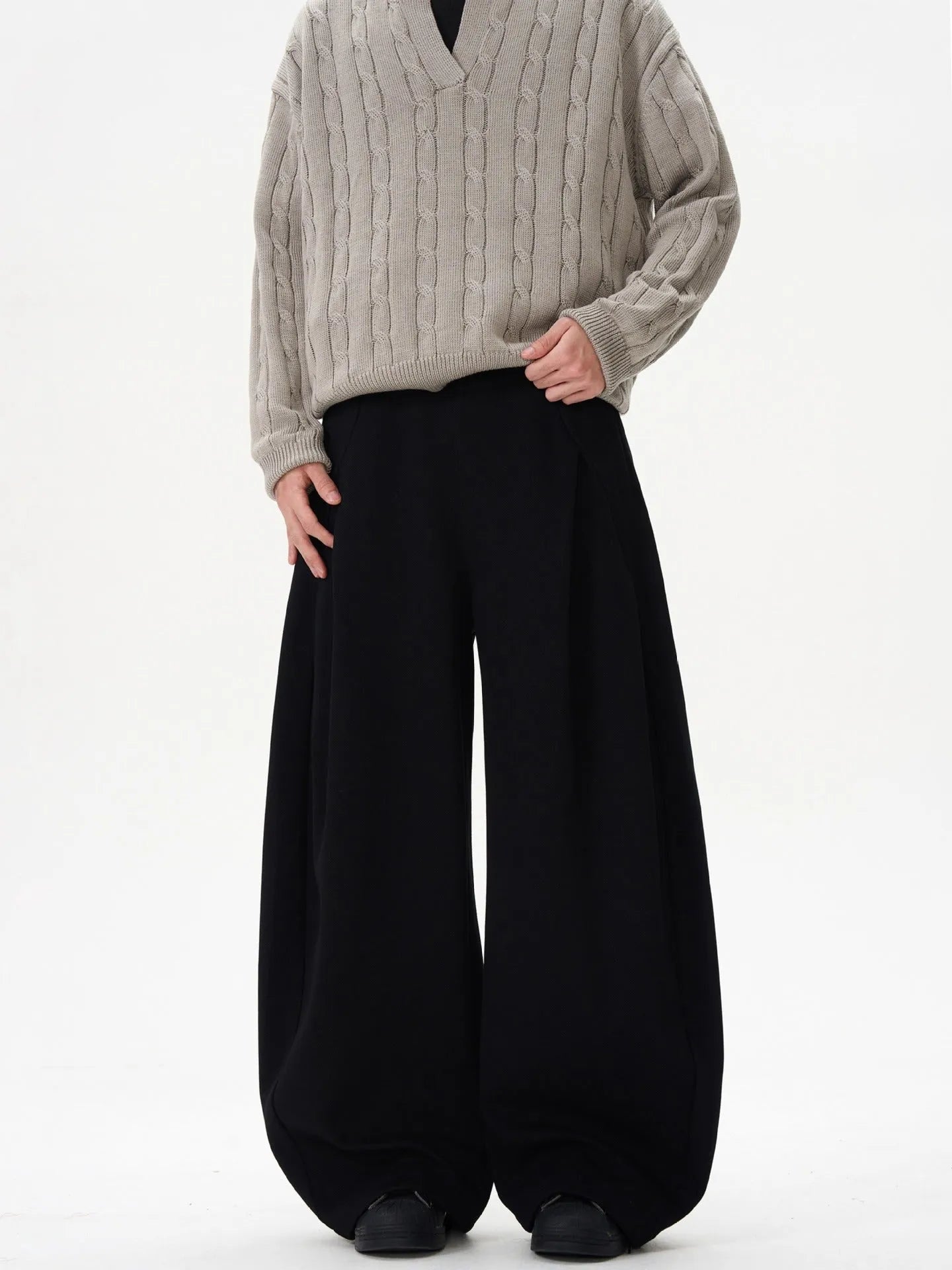 Women's wide-leg polyester trousers in black, mid-rise, American retro casual style, size M to 3XL