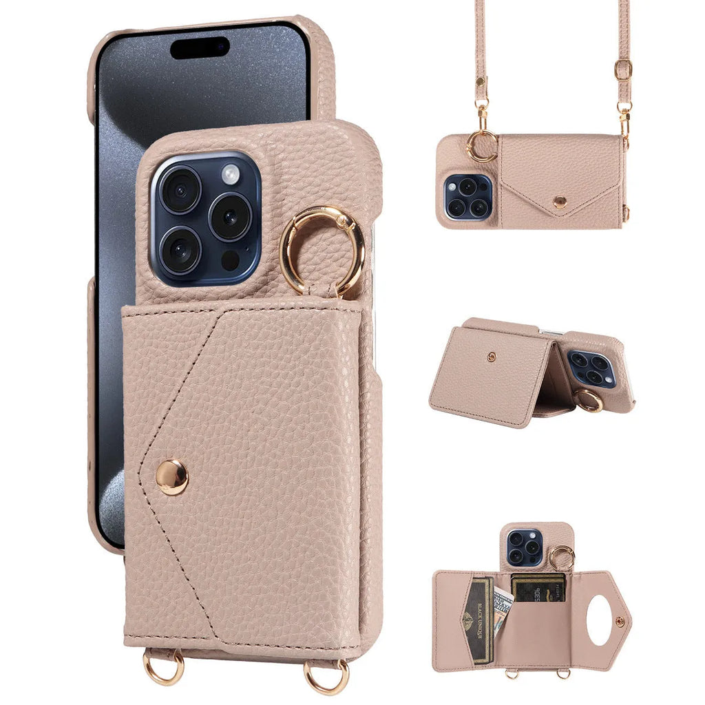 Anti-degaussing wallet phone case for Apple iPhone with bracket and crossbody bag in black imitation leather