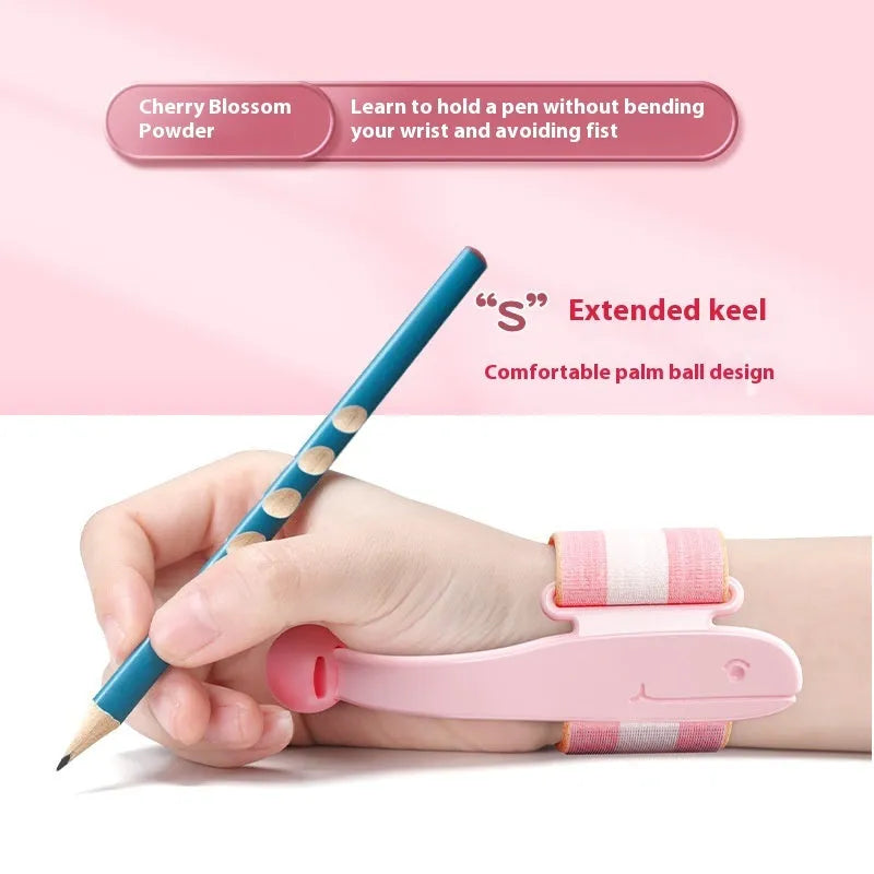 Blue anti-hook wrist brace pen corrector for children's handwriting posture on a desk.