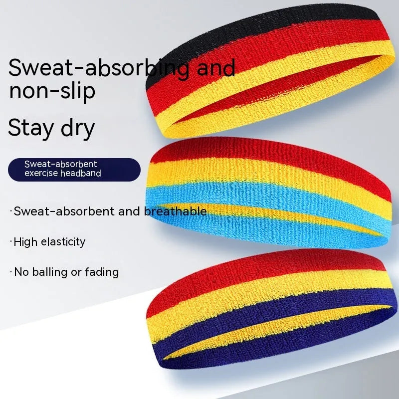 Colourful elastic sports headband for running and basketball, shown in red yellow and blue colour option.