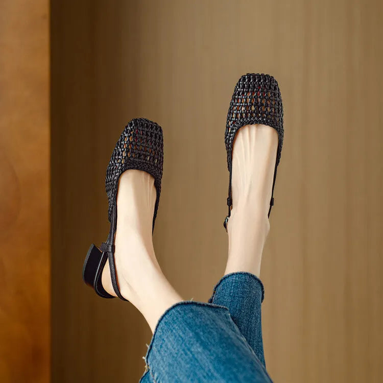 Women's woven hollow-out closed toe sandals with chunky heel and buckle fastening in black or beige