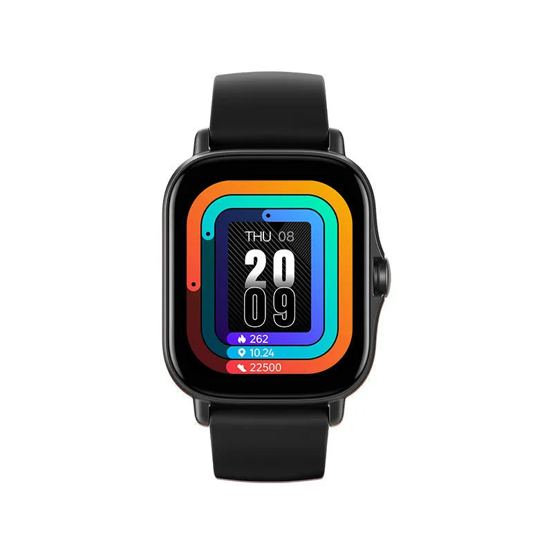 GT20 smart watch with black alloy case and silicone band showing heart rate reading on screen