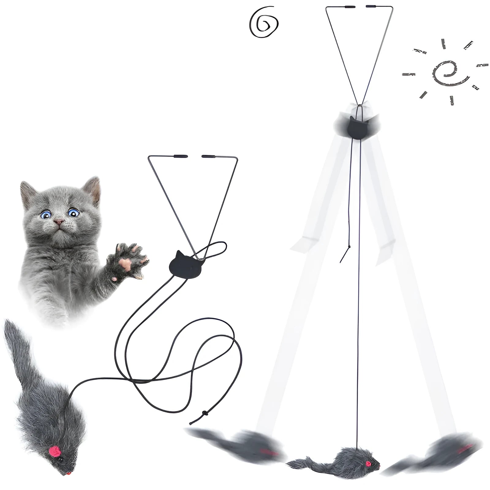 Pet telescopic hanging door cat toy with grey mouse shape on elastic rope approximately 1.8 metres long, with triangle hook and adjustable buckle
