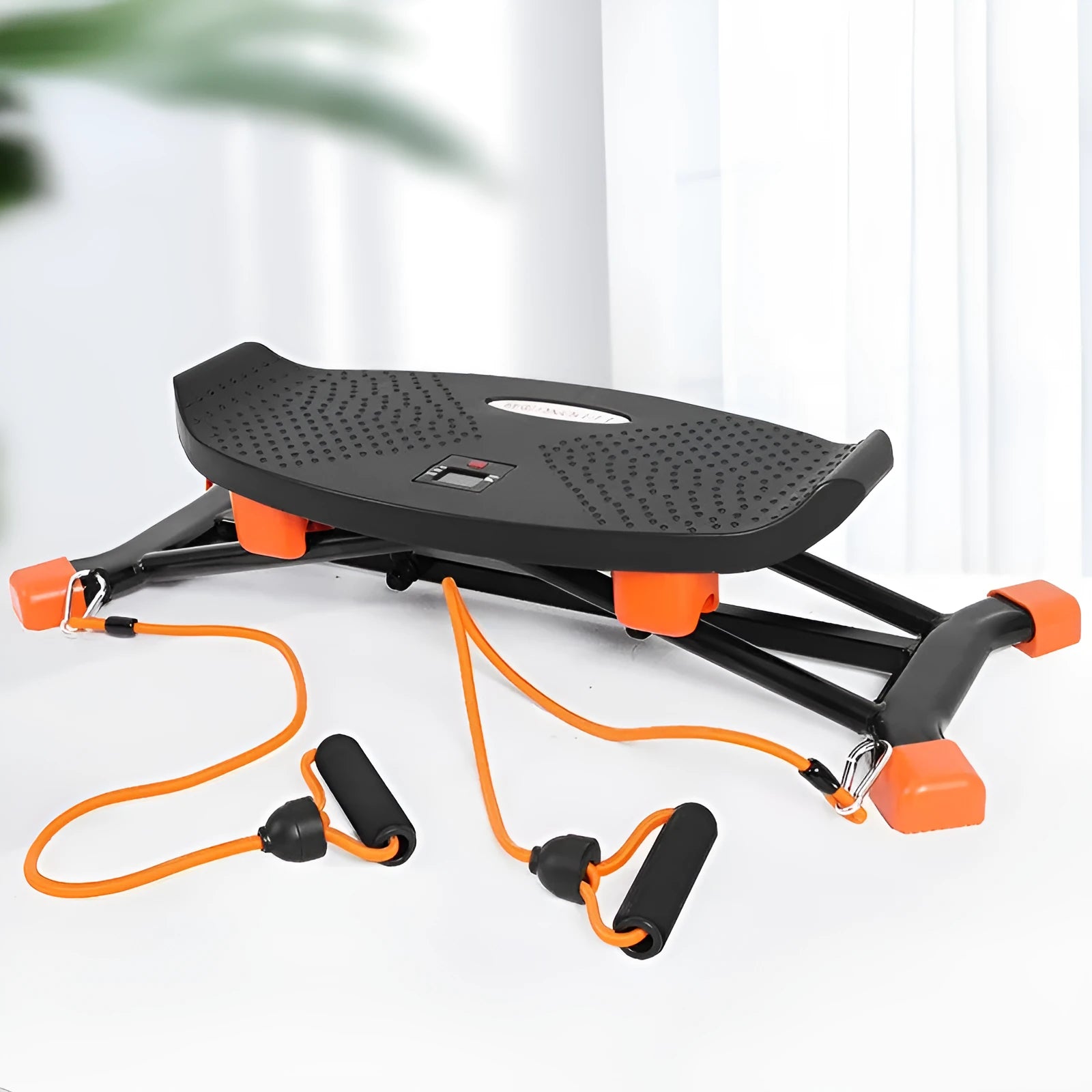 Black mini fitness skiing machine with elastic hand straps for home exercise