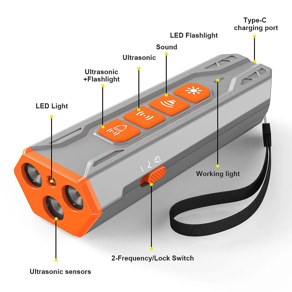 Grey and orange ultrasonic dog trainer device with three adjustable heads for bark control.
