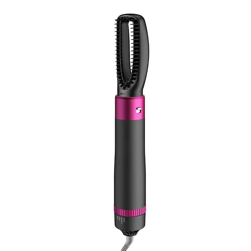Dyson grey 5-in-1 hair dryer brush and straightening brush with five interchangeable attachments on a white background