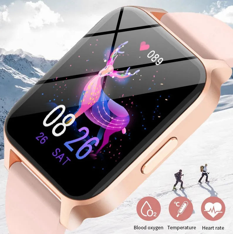 Smart colour screen health detection watch with black mesh strap showing heart rate and blood oxygen data.