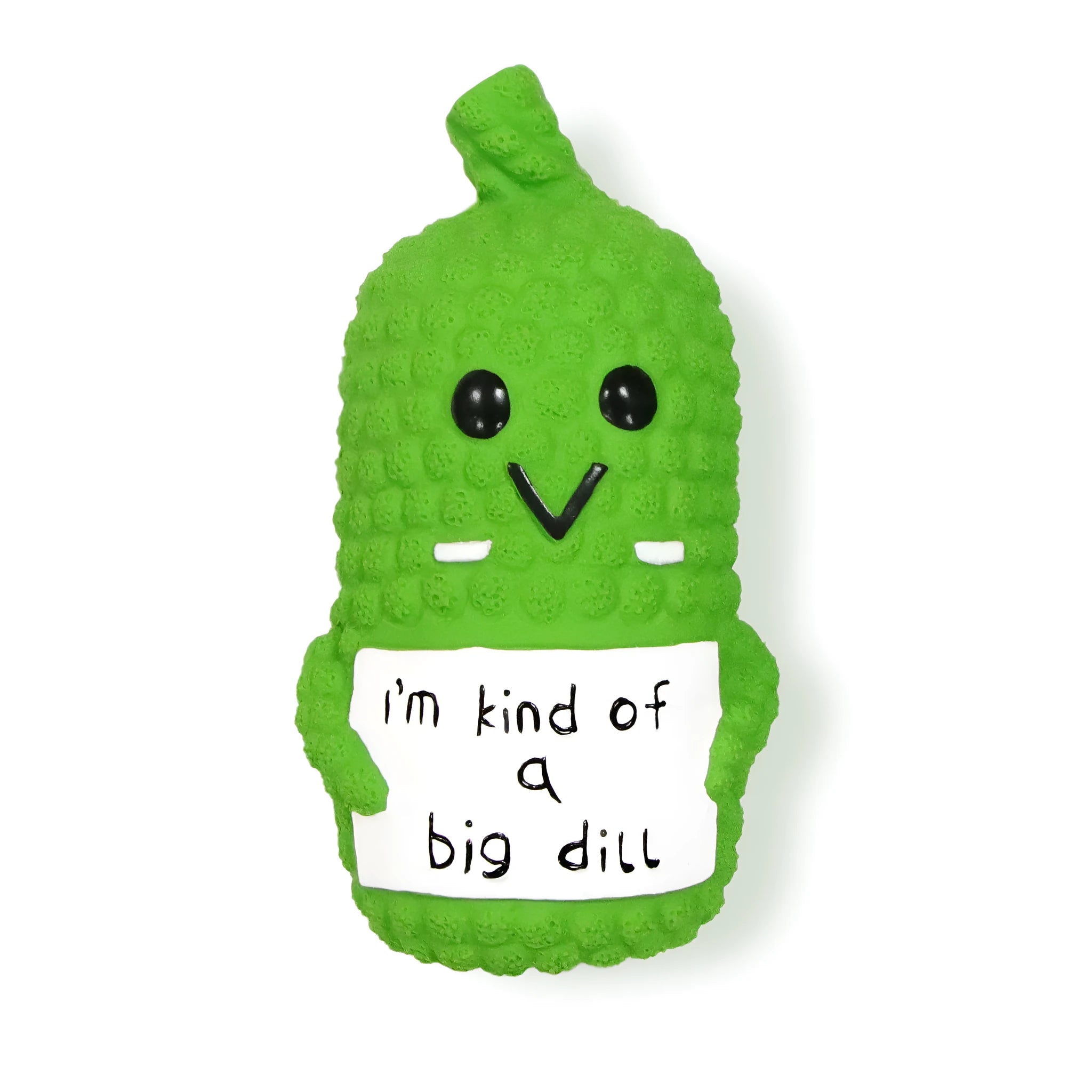 Green pickle-shaped squeaky dog toy with textured surface for teeth cleaning