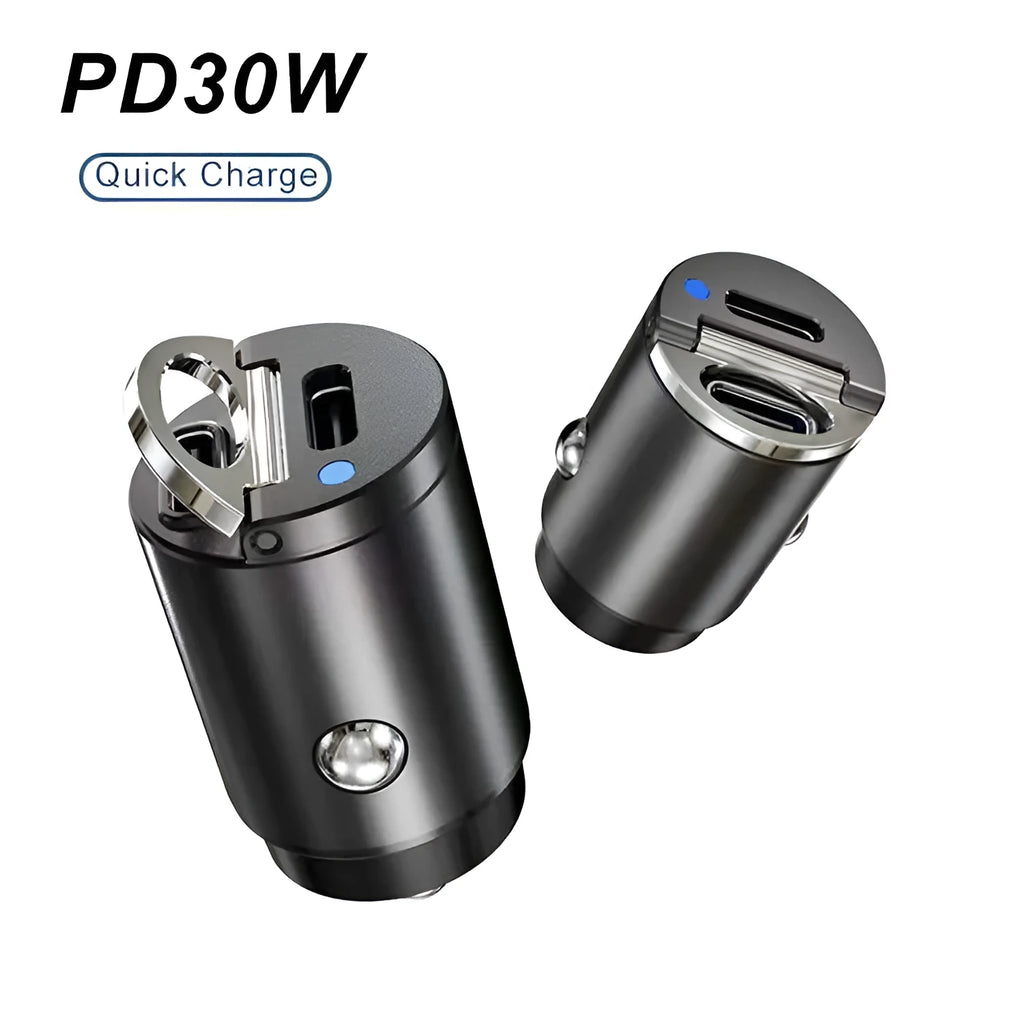 Mini zinc alloy car charger with dual USB-C ports for 30W fast charging