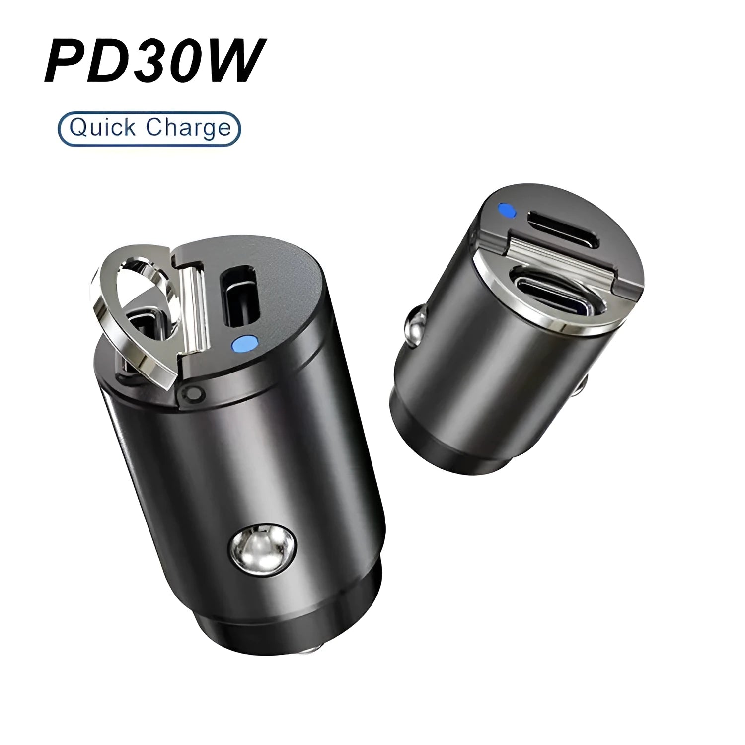 Mini zinc alloy car charger with dual USB-C ports for 30W fast charging