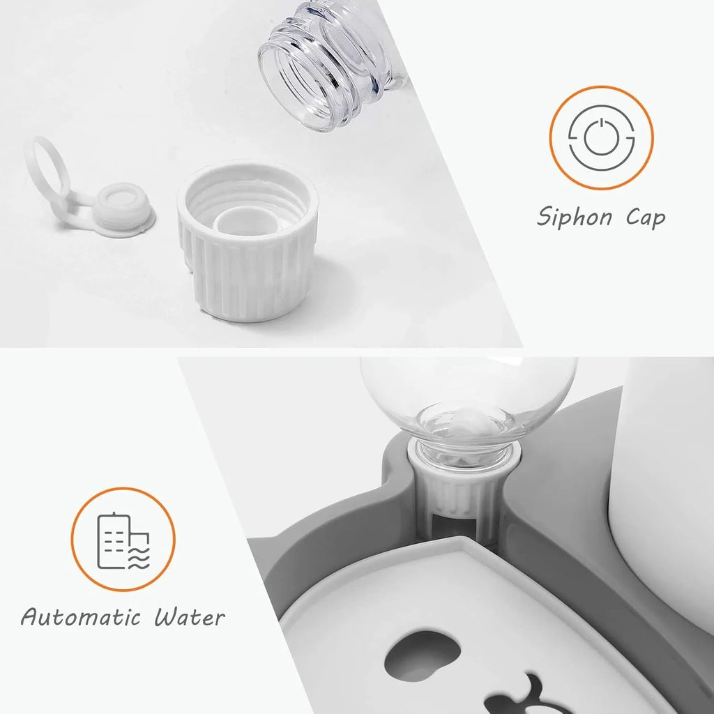 Grey panda-shaped tilted pet bowl set with stainless steel dish and automatic water bottle