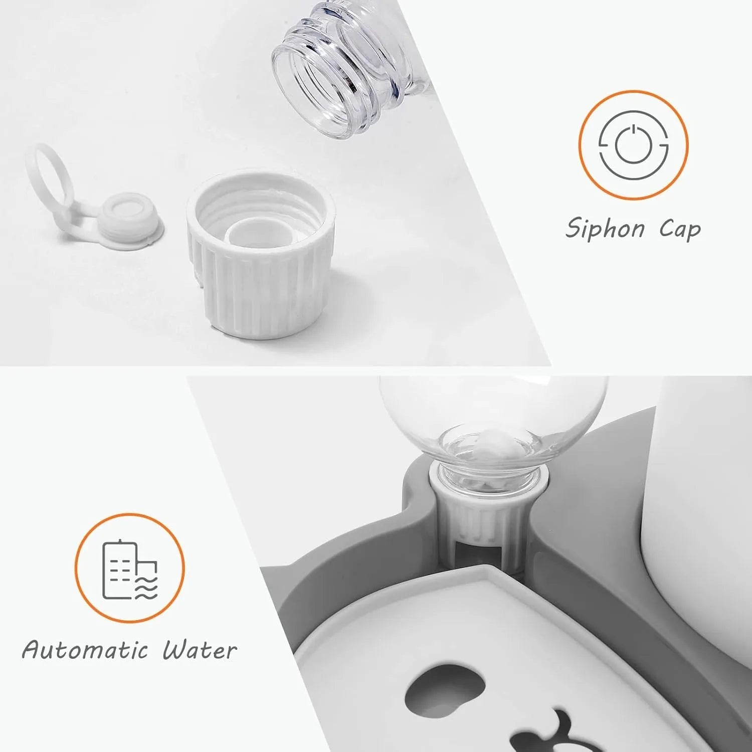Grey panda-shaped tilted pet bowl set with stainless steel dish and automatic water bottle