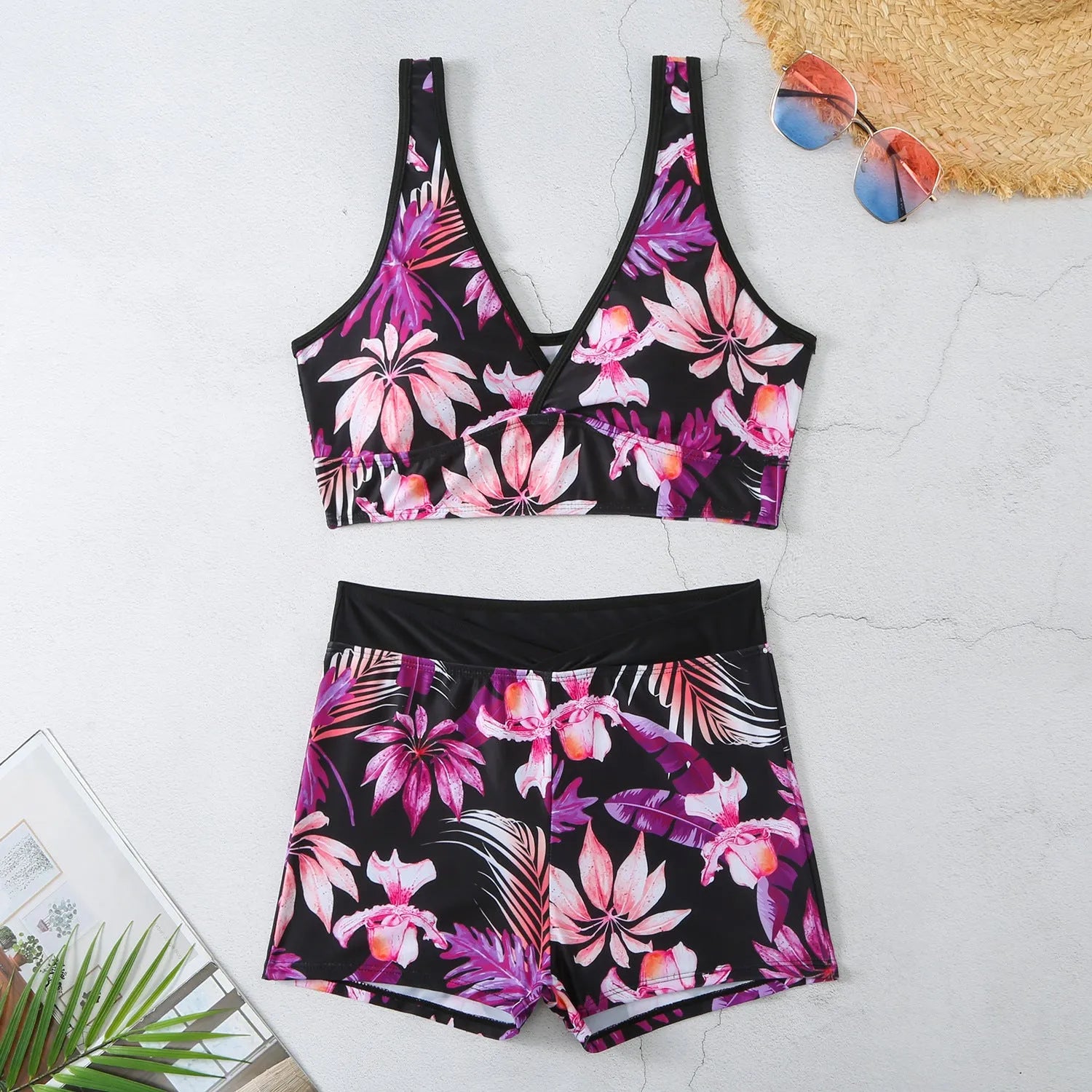 Women's printed two-piece swimsuit with sleeveless top and boxer-style briefs in multiple colours