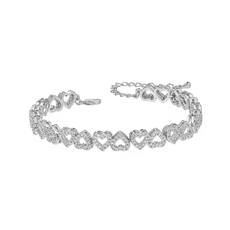 Girl's diamond bracelet with full diamond heart, silver electroplated finish, copper base, heart shaped jewellery for women