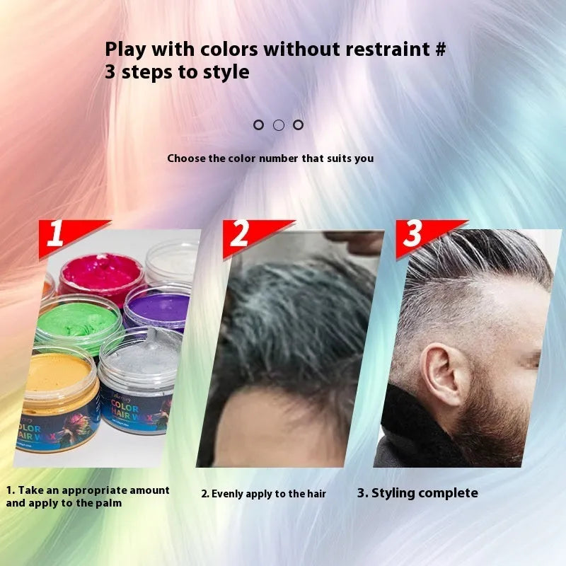 Hair styling clay in ten colours including white, orange, red, yellow, blue, green, purple, rose red, and granny grey