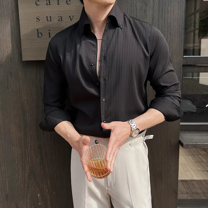 Men's dark stripes V-neck long sleeve shirt in black brown green white casual cardigan style