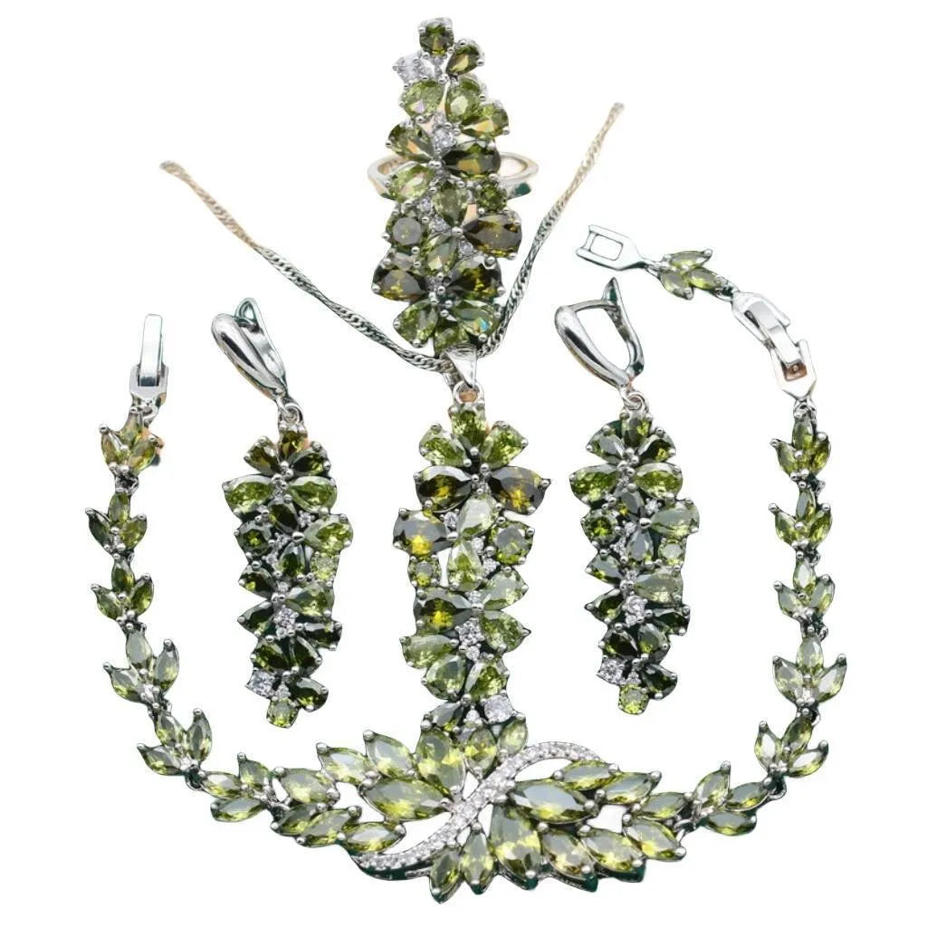 Retro plants and flowers pattern jewellery set with necklace, bracelet, earrings, and ring in olive purple colours