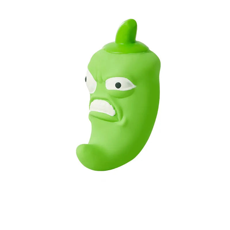 Bitter melon or chili shaped dog chew toy with textured surface for teeth cleaning and pet sound.