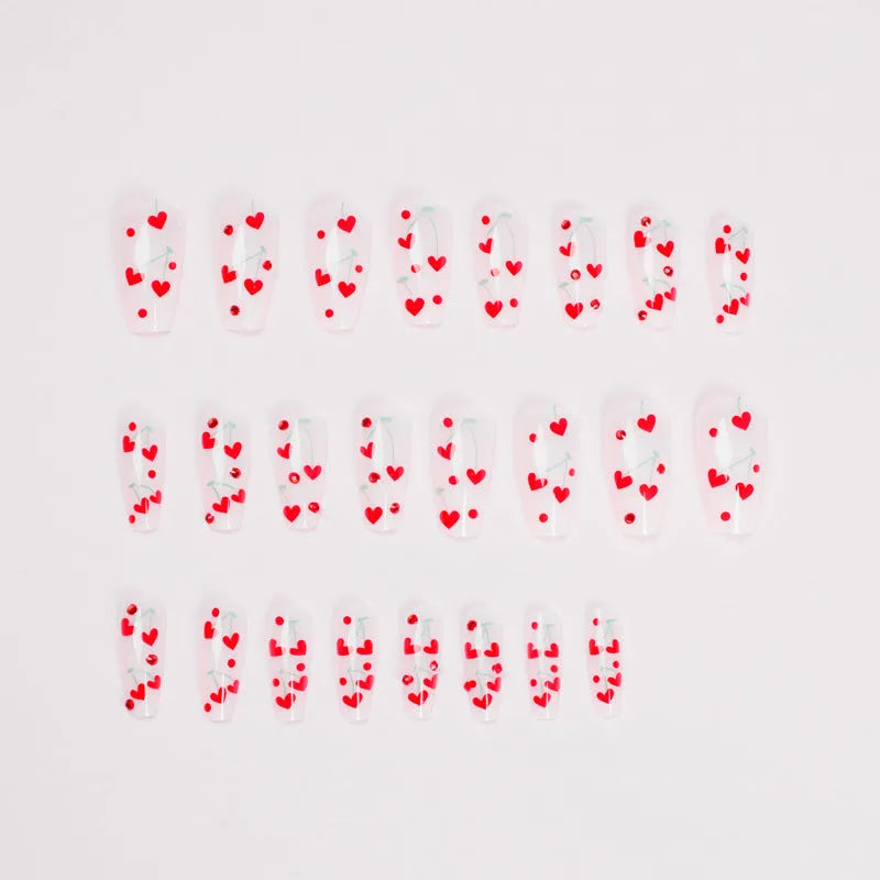 Red diamond and small cherry pattern French tip nail art stickers in a pack of 24 with adhesive glue.