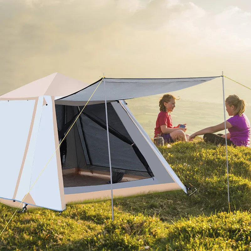 Fully automatic quick-open double-layer camping tent with aluminum poles, sunscreen fabric, and anti-mosquito mesh, in white.